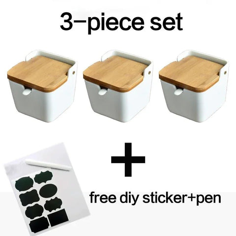 Ceramic Spice Storage Box with Wooden Lid and Bamboo Tray - EveryWares