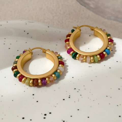 Color Stone Earrings Luxury Design High Quality Brass Metal Gold Color - EveryWares