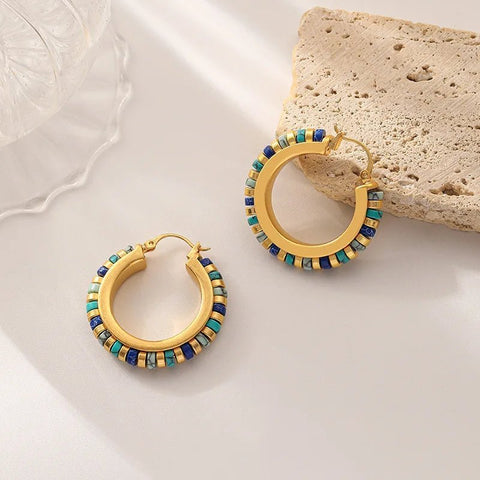 Color Stone Earrings Luxury Design High Quality Brass Metal Gold Color - EveryWares