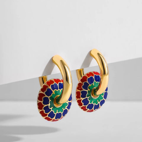 Colorful Flower Painted Hoop Earrings Stainless Steel Chunky Jewelry - EveryWares