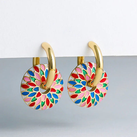 Colorful Flower Painted Hoop Earrings Stainless Steel Chunky Jewelry - EveryWares