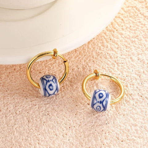 Creative Dutch Hand - painted Earrings Ceramic Pendant Stainless Steel Hoop Earrings - EveryWares