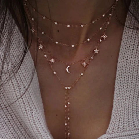 Crystal Geometry Star Moon Lock Necklaces Chokers - EveryWares