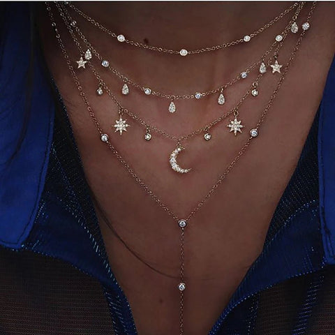 Crystal Geometry Star Moon Lock Necklaces Chokers - EveryWares