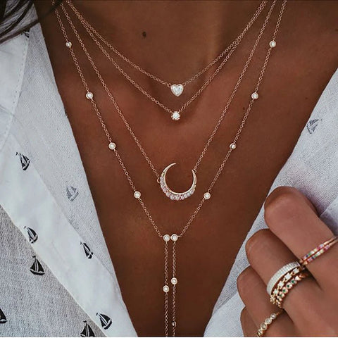 Crystal Geometry Star Moon Lock Necklaces Chokers - EveryWares