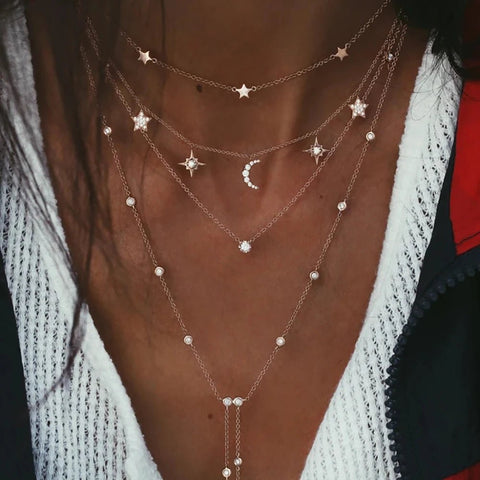 Crystal Geometry Star Moon Lock Necklaces Chokers - EveryWares