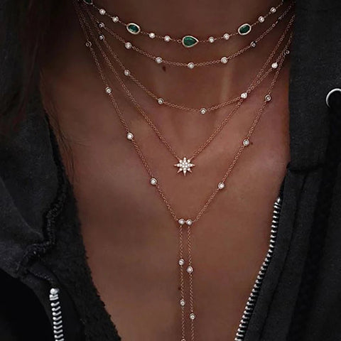 Crystal Geometry Star Moon Lock Necklaces Chokers - EveryWares