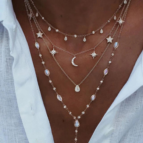 Crystal Geometry Star Moon Lock Necklaces Chokers - EveryWares