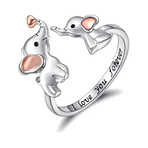 Cute Elephant Mother and Son Love Heart Zirconia Adjustable Ring - EveryWares