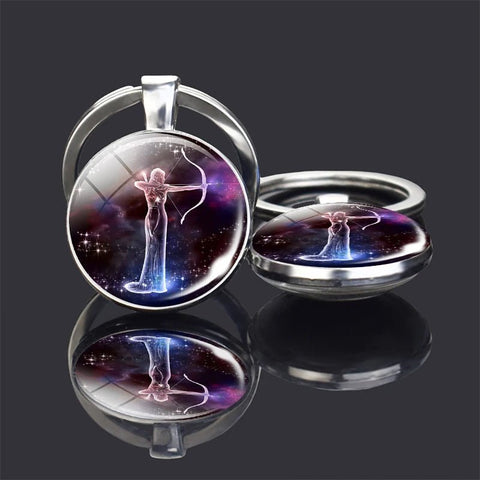 Double Side Glass Ball Pendant Keychain 12 Zodiac Signs - EveryWares