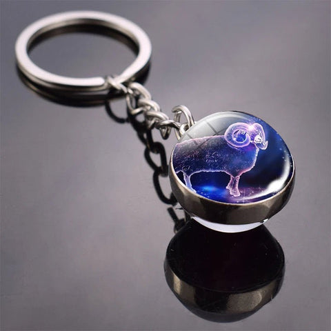 Double Side Glass Ball Pendant Keychain 12 Zodiac Signs - EveryWares