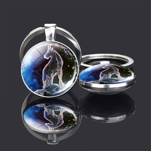 Double Side Glass Ball Pendant Keychain 12 Zodiac Signs - EveryWares