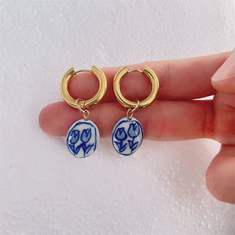 Dutch Hand - Painted Ceramic Pendant Earrings with Stainless Steel Hoop - EveryWares