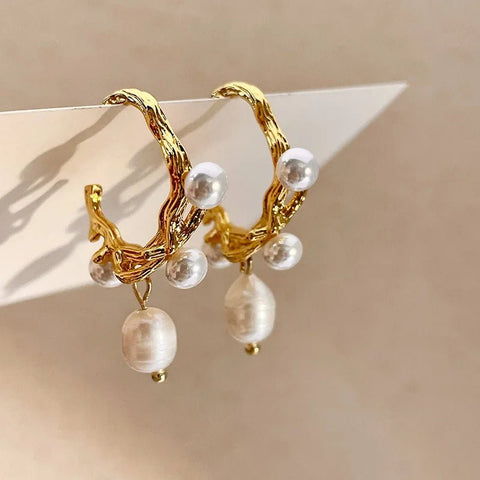 Earrings Geometric Needle Metal Gold Color Pearl Dangle - EveryWares