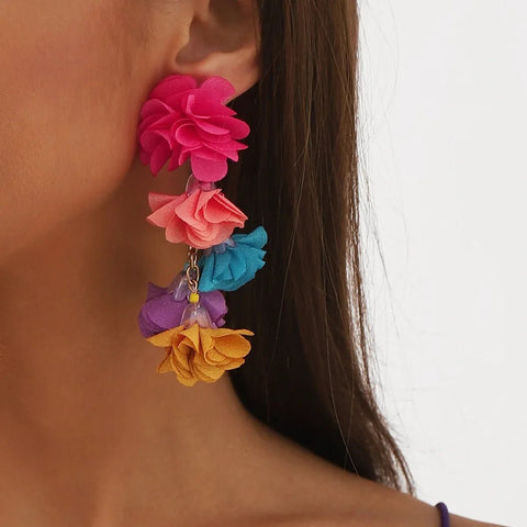 Elegant Long Cloth Simulation Flower Earrings - EveryWares