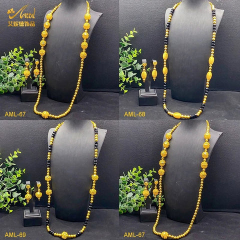 Ethiopian 24k Gold Color Long Chain Necklace And Earrings Sets African - EveryWares