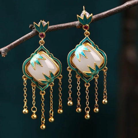 Ethnic Chinese Jade Pendant Earrings Luxury Traditional - EveryWares