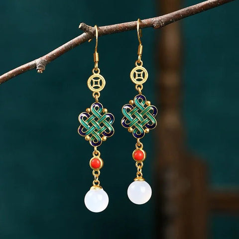 Ethnic Chinese Jade Pendant Earrings Luxury Traditional - EveryWares