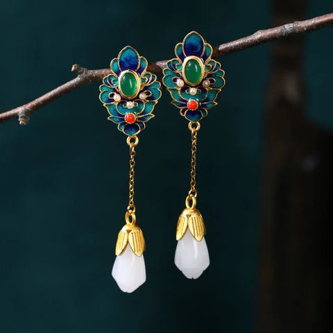 Ethnic Chinese Jade Pendant Earrings Luxury Traditional - EveryWares