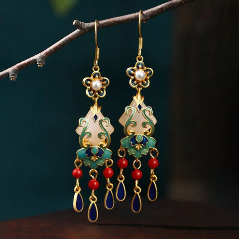 Ethnic Chinese Jade Pendant Earrings Luxury Traditional - EveryWares