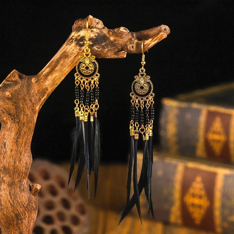 Ethnic Long Colorful Rice Beads Feather Earrings Bohemian - EveryWares