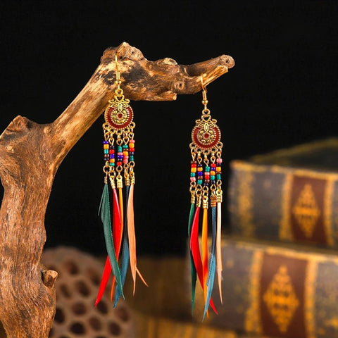 Ethnic Long Colorful Rice Beads Feather Earrings Bohemian - EveryWares