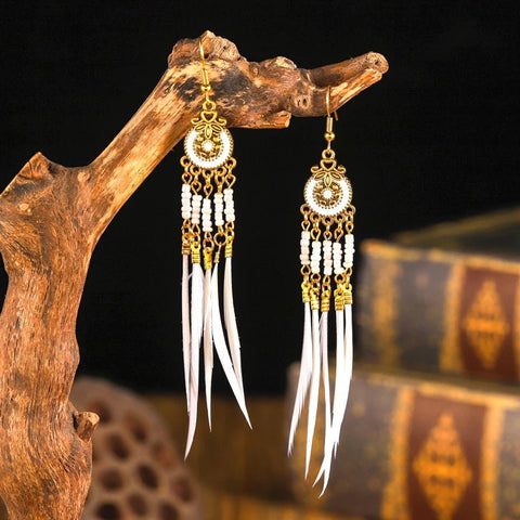 Ethnic Long Colorful Rice Beads Feather Earrings Bohemian - EveryWares