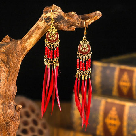 Ethnic Long Colorful Rice Beads Feather Earrings Bohemian - EveryWares