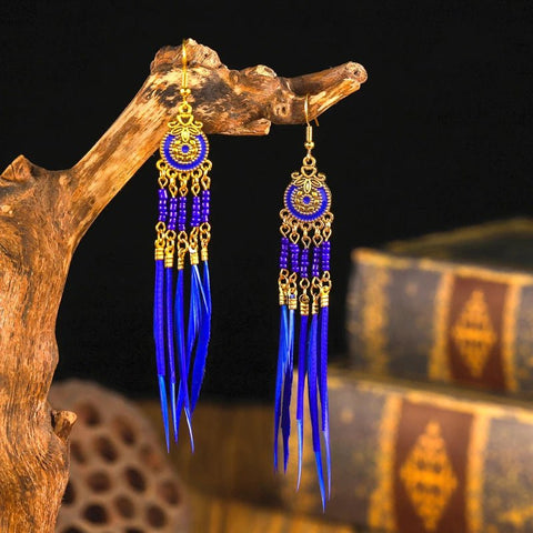 Ethnic Long Colorful Rice Beads Feather Earrings Bohemian - EveryWares