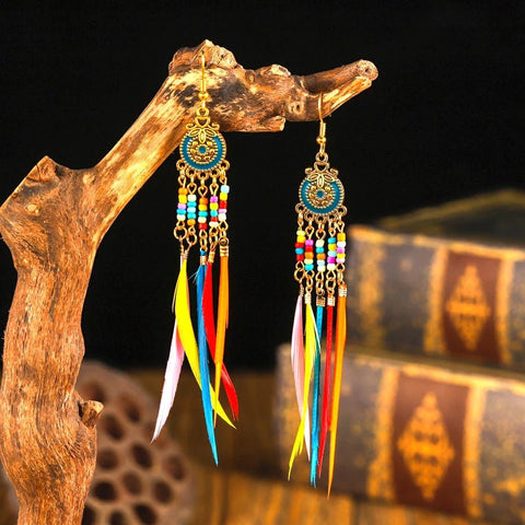 Ethnic Long Colorful Rice Beads Feather Earrings Bohemian - EveryWares