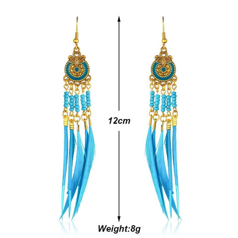 Ethnic Long Colorful Rice Beads Feather Earrings Bohemian - EveryWares