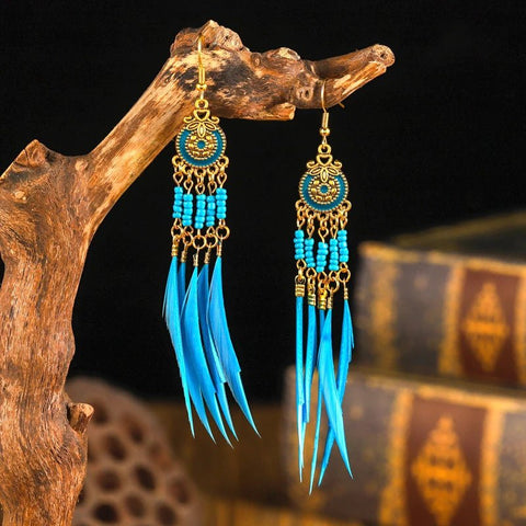 Ethnic Long Colorful Rice Beads Feather Earrings Bohemian - EveryWares