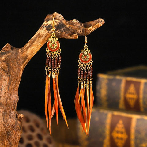 Ethnic Long Colorful Rice Beads Feather Earrings Bohemian - EveryWares