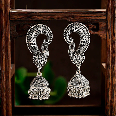 Ethnic Style Oxidized Jewelry Color Afghan, Long Tassel Bead Peacock Indian Earrings - EveryWares