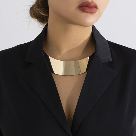 Exquisite Metal Choker Necklace Gold Silver Color Smooth Wide Chain - EveryWares